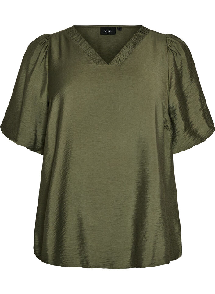 Blouse met ballonnenmouwen en V-hals, Groen, Packshot image number 0