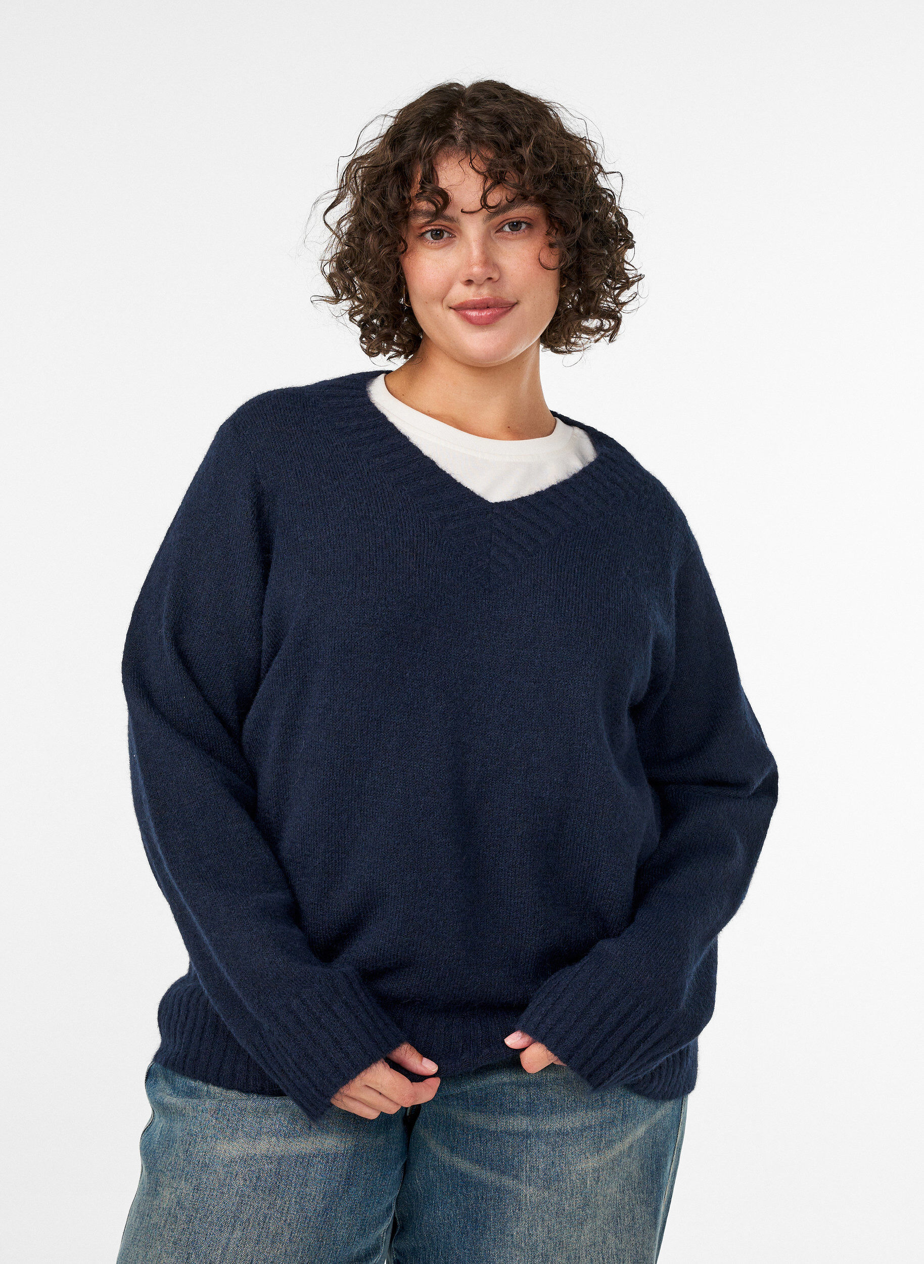Jumper met V-hals, Blauw, Model