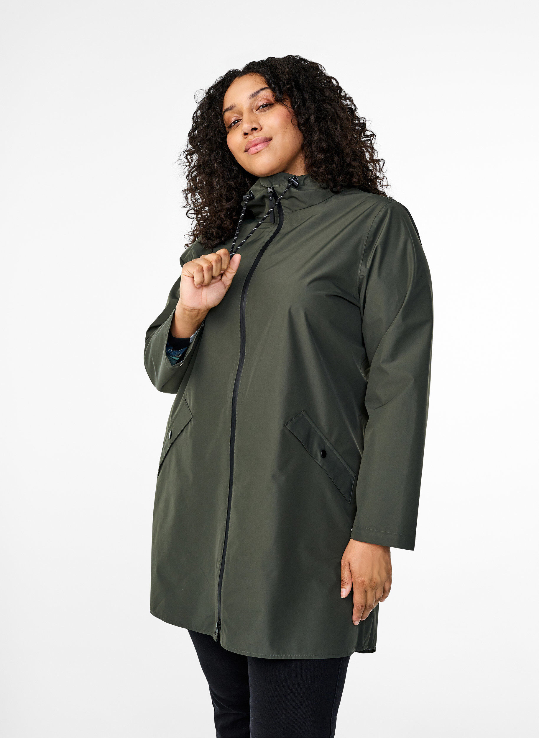 Veste de pluie avec poches et capuche, Vert, Model