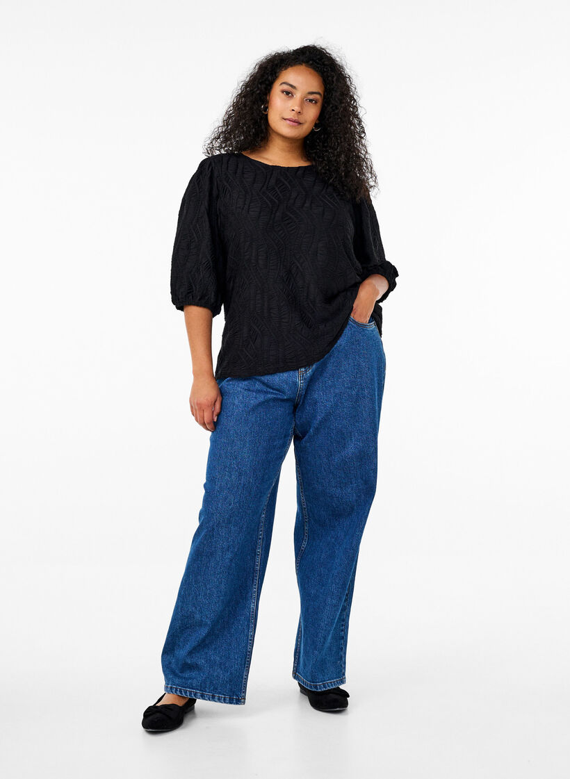 Blouse met textuur en 3/4 mouwen, Zwart, Model image number 1