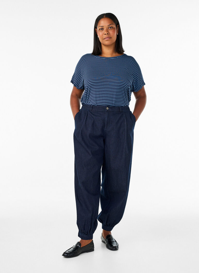 Gestreept T-shirt in viscose met een ronde hals, Blauw, Model image number 1