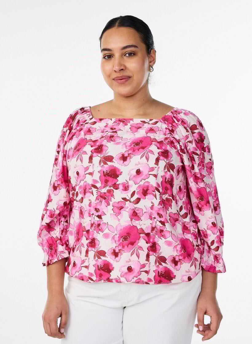 Blouse en viscose &agrave; col carr&eacute; et manches 3/4, Rose, Model image number 0