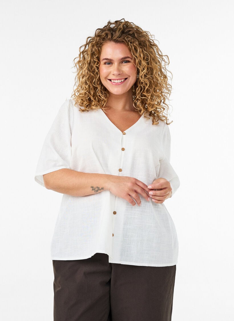 Katoenen shirt met korte mouwen en een V-hals, Wit, Model image number 0