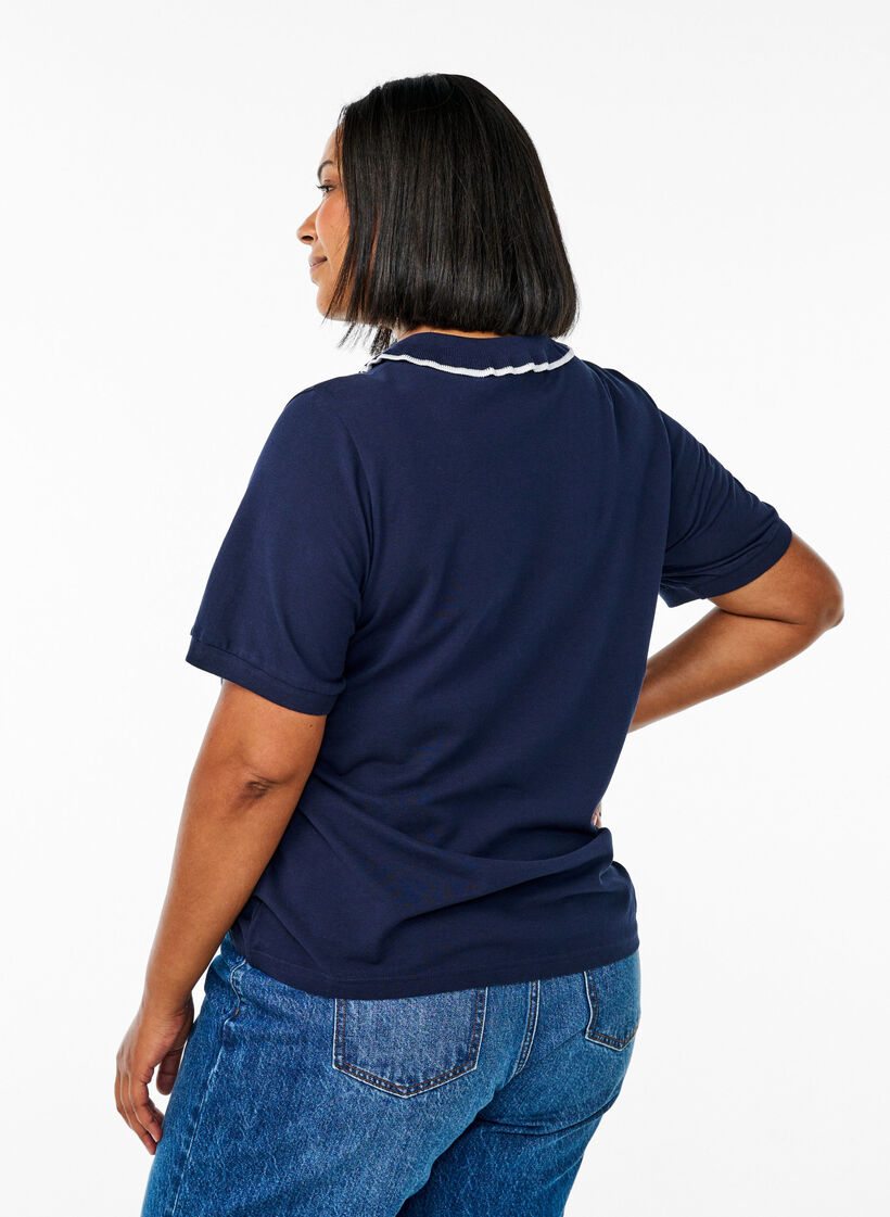 Polo shirt met strass knopen en ruches., Blauw, Model image number 2