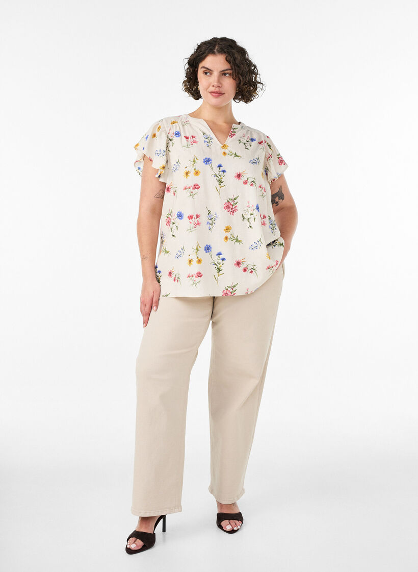 Viscose en linnen blouse met ruches aan de mouwen, Beige, Model image number 1