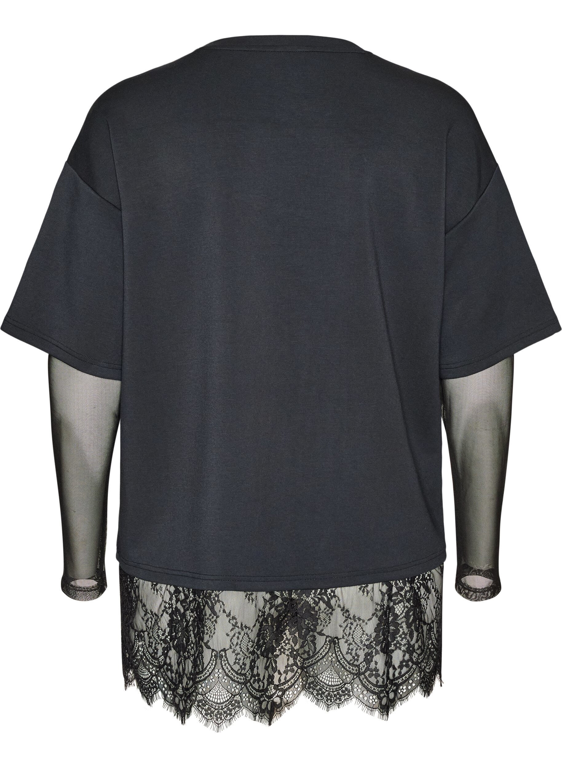 ZizziBlouse met mouwen van mesh en kanten bies, Zwart, Packshot image number 1