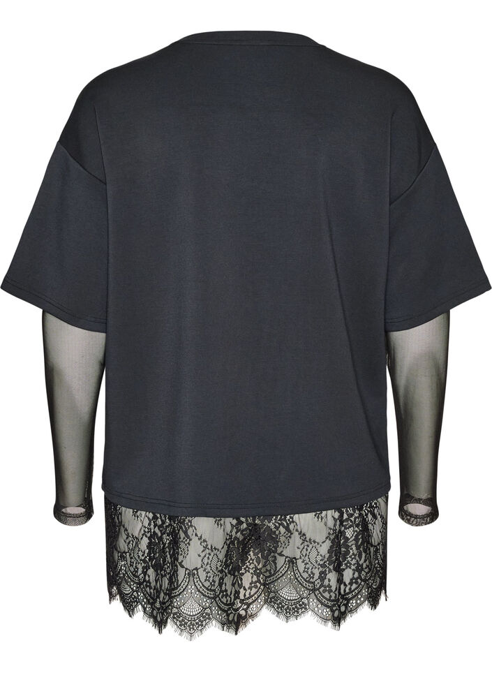 Blouse met mouwen van mesh en kanten bies, Zwart, Packshot image number 1