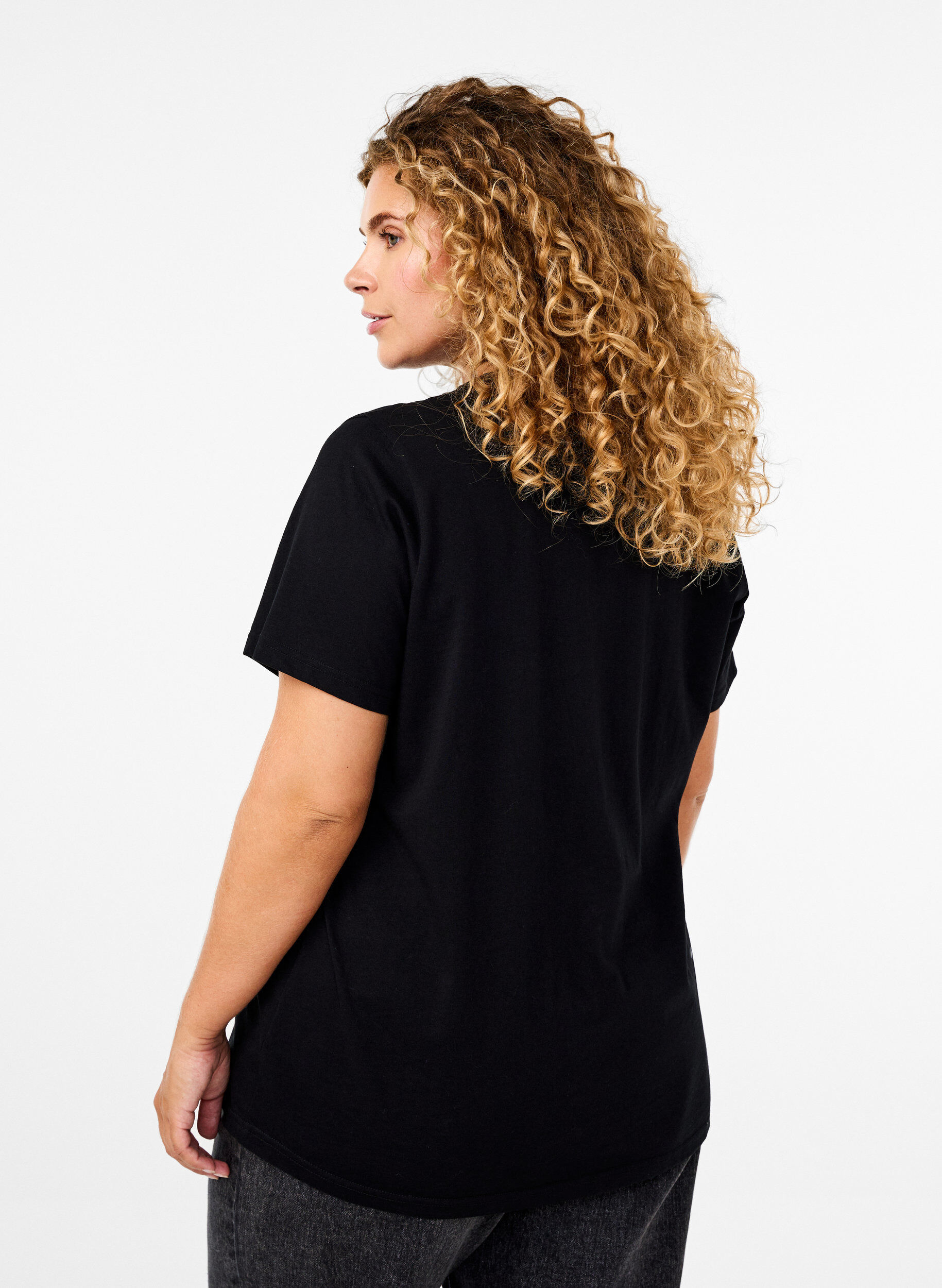 ZizziBasic katoenen T-shirt met ronde hals, Zwart, Model image number 2