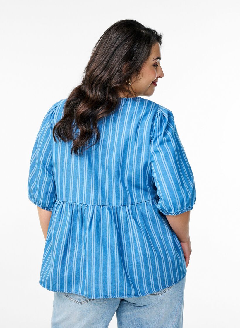 Denim blouse met korte mouwen en streeppatroon, Blue Denim Stripe, Model