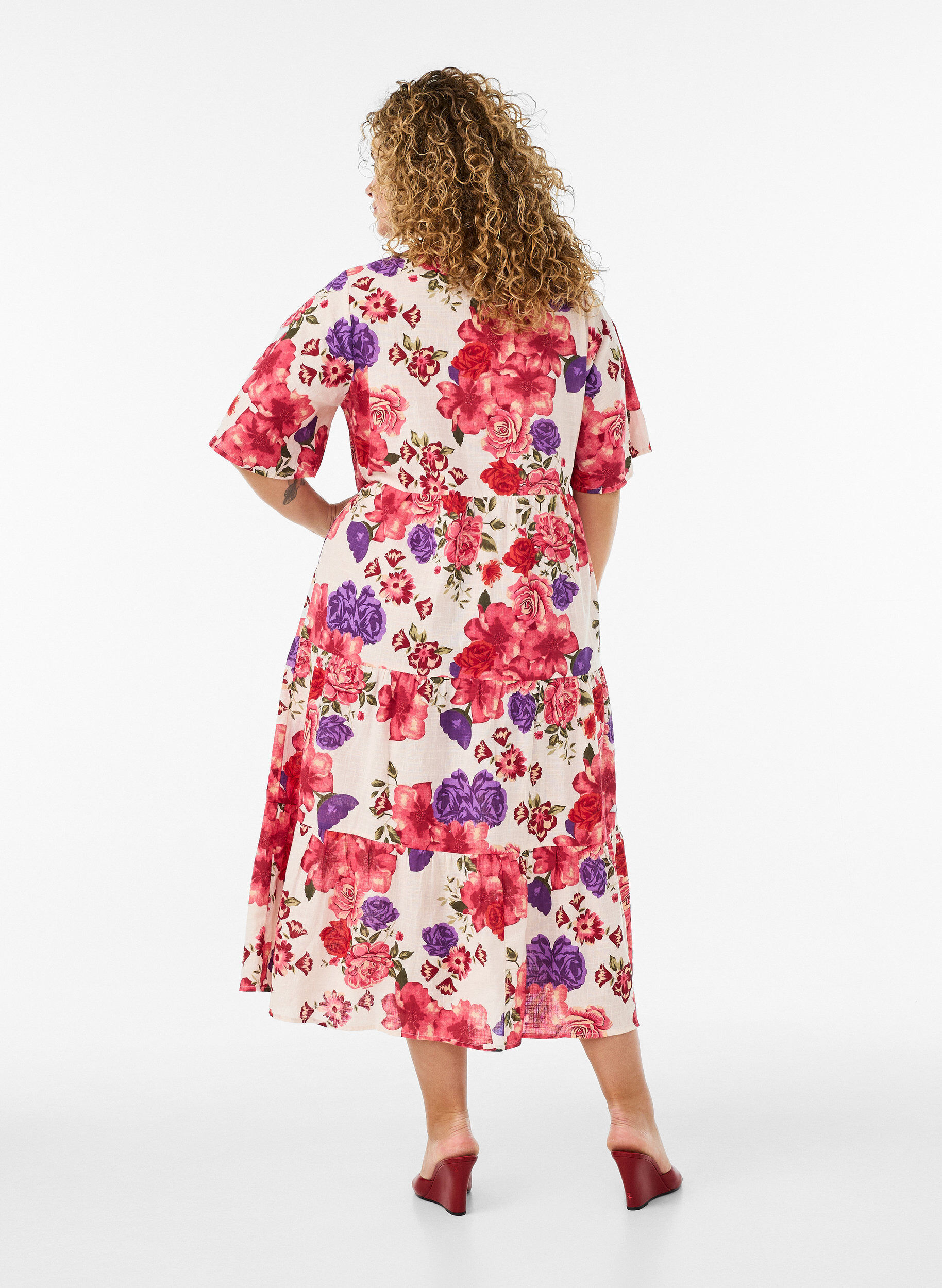 ZizziKatoenen midi jurk met bloemenprint, Rood, Model image number 1