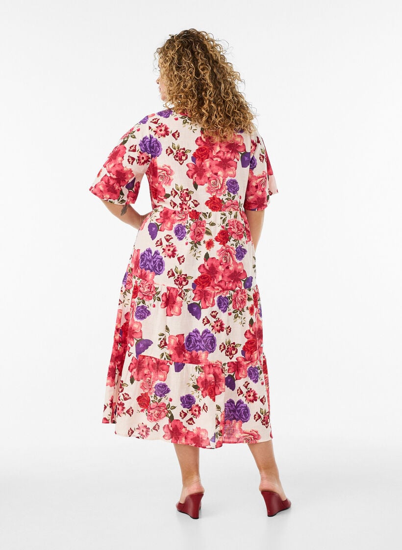 Katoenen midi jurk met bloemenprint, Rood, Model image number 1