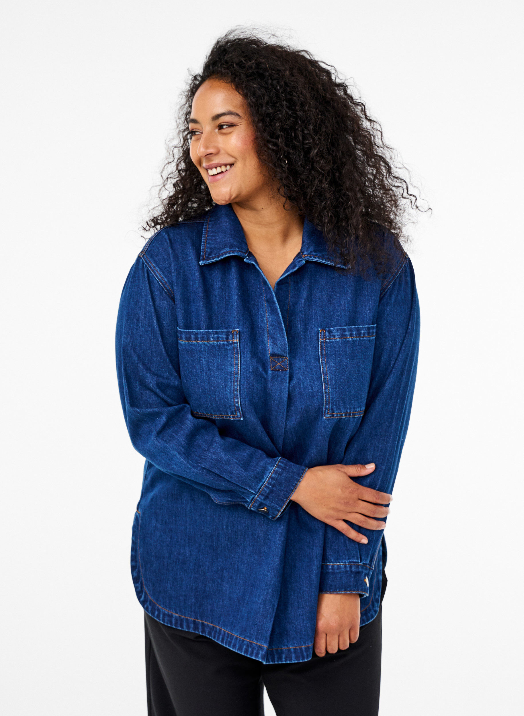 Denim blouse met kraag, Unwashed, Model
