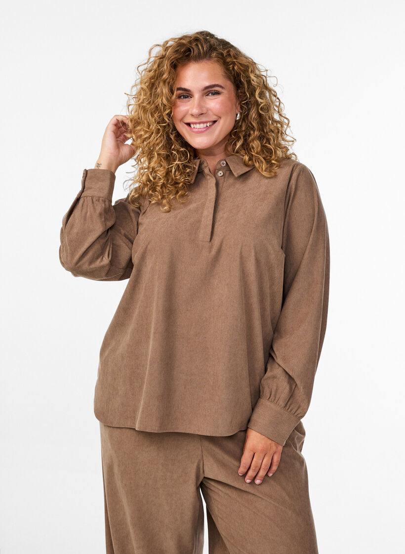 Overhemdblouse met lange mouwen in corduroy, Caribou, Model