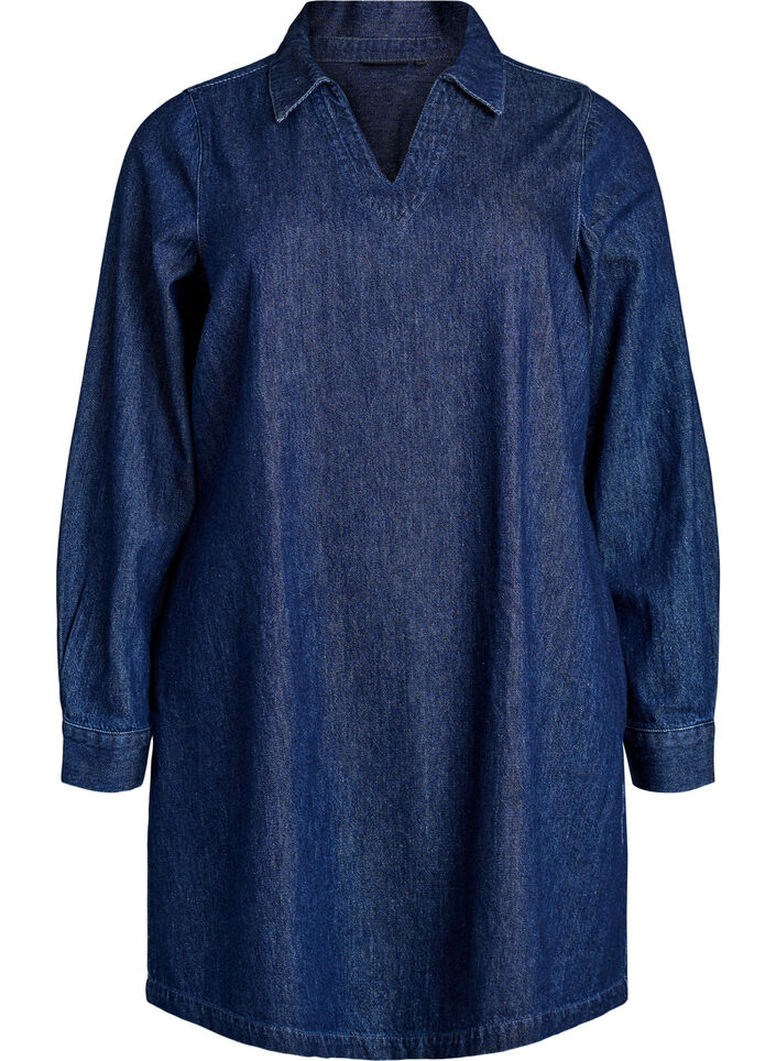 Korte denim jurk met een V-hals en kraag, Dark Blue Denim, Packshot