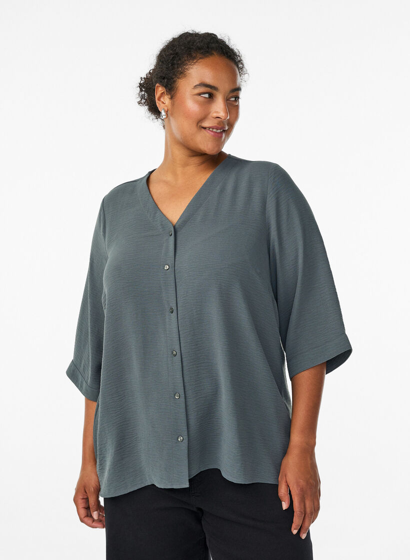 Shirtblouse met V-hals en 3/4 mouwen, Groen, Model image number 0