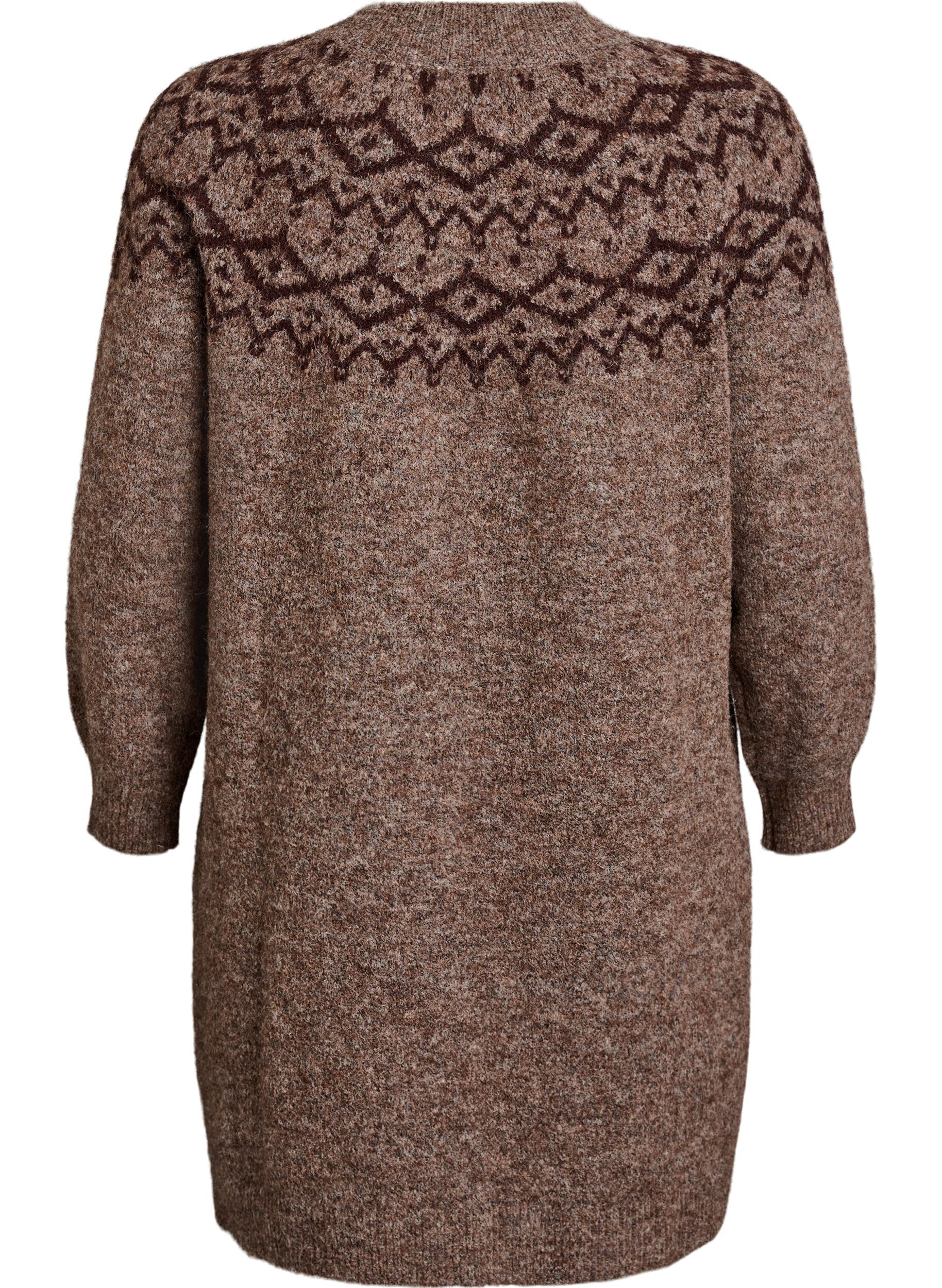 ZizziGebreide jurk met jacquardpatroon, Bruin, Packshot image number 1
