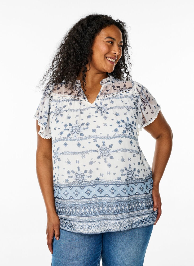 Blouse met patroon, ruches en korte mouwen, Wit, Model image number 0