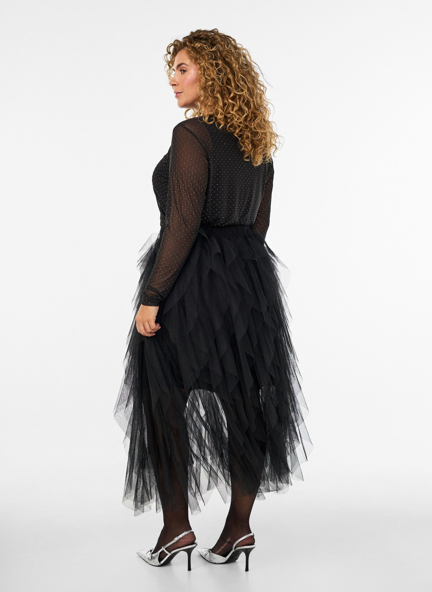 ZizziMidirok van tule met elastische tailleband, Zwart, Model image number 1