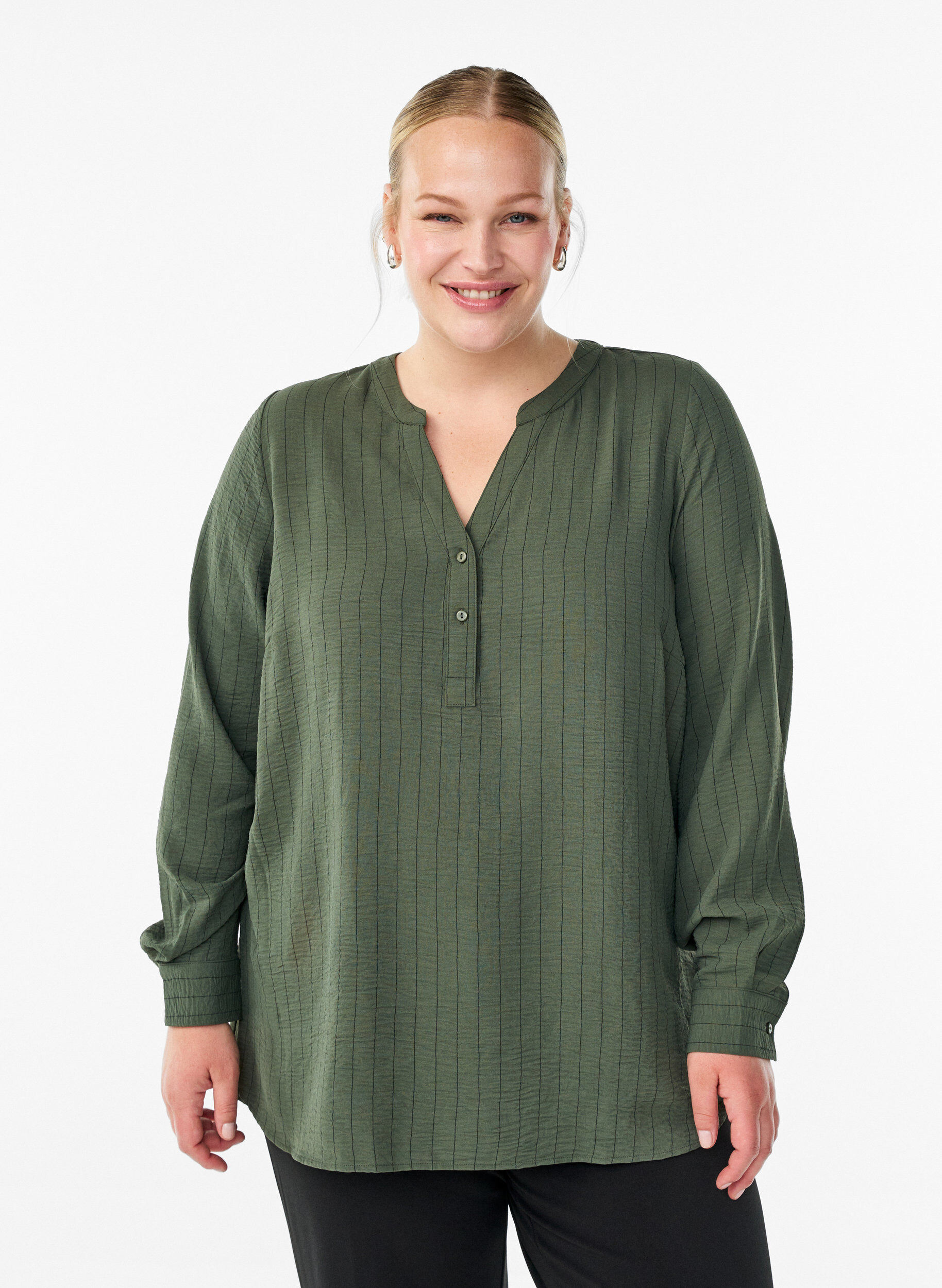 FLASH - Streepjes overhemdblouse, Groen, Model