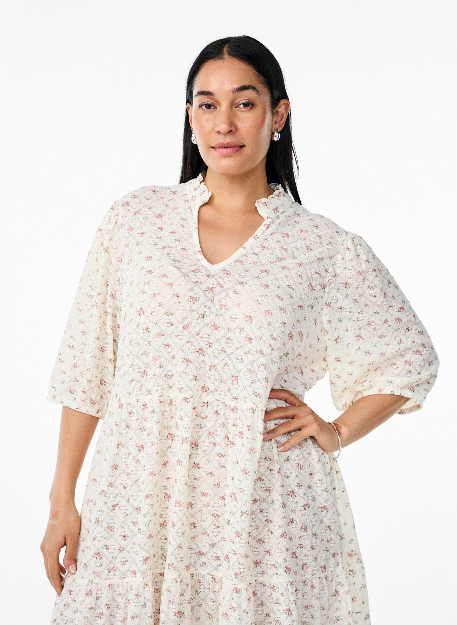 ZizziKorte A-lijn jurk met 1/2 mouwen, Wit, Model image number 2