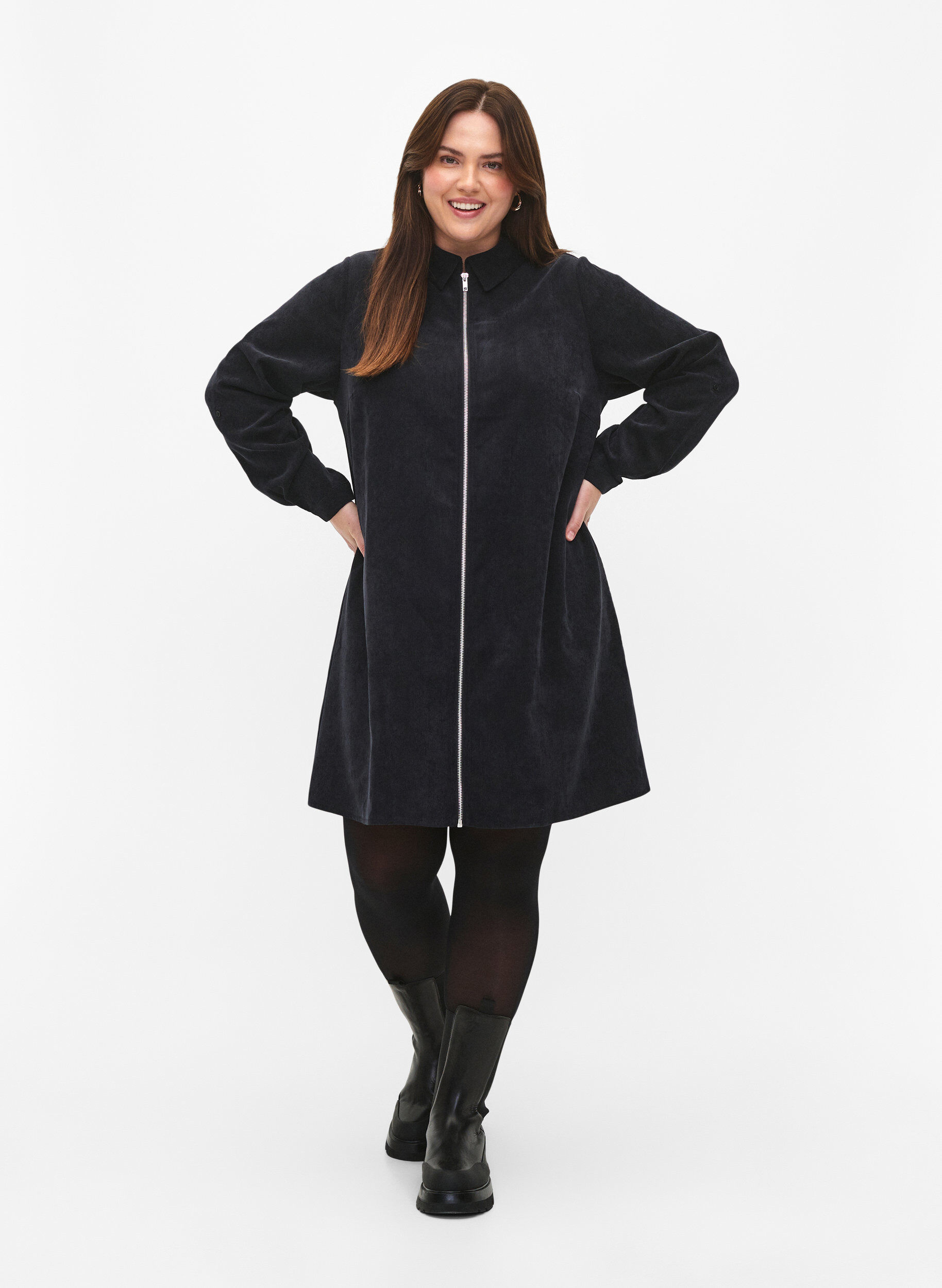 ZizziFluwelen jurk met rits en 3/4 mouwen, Zwart, Model image number 1