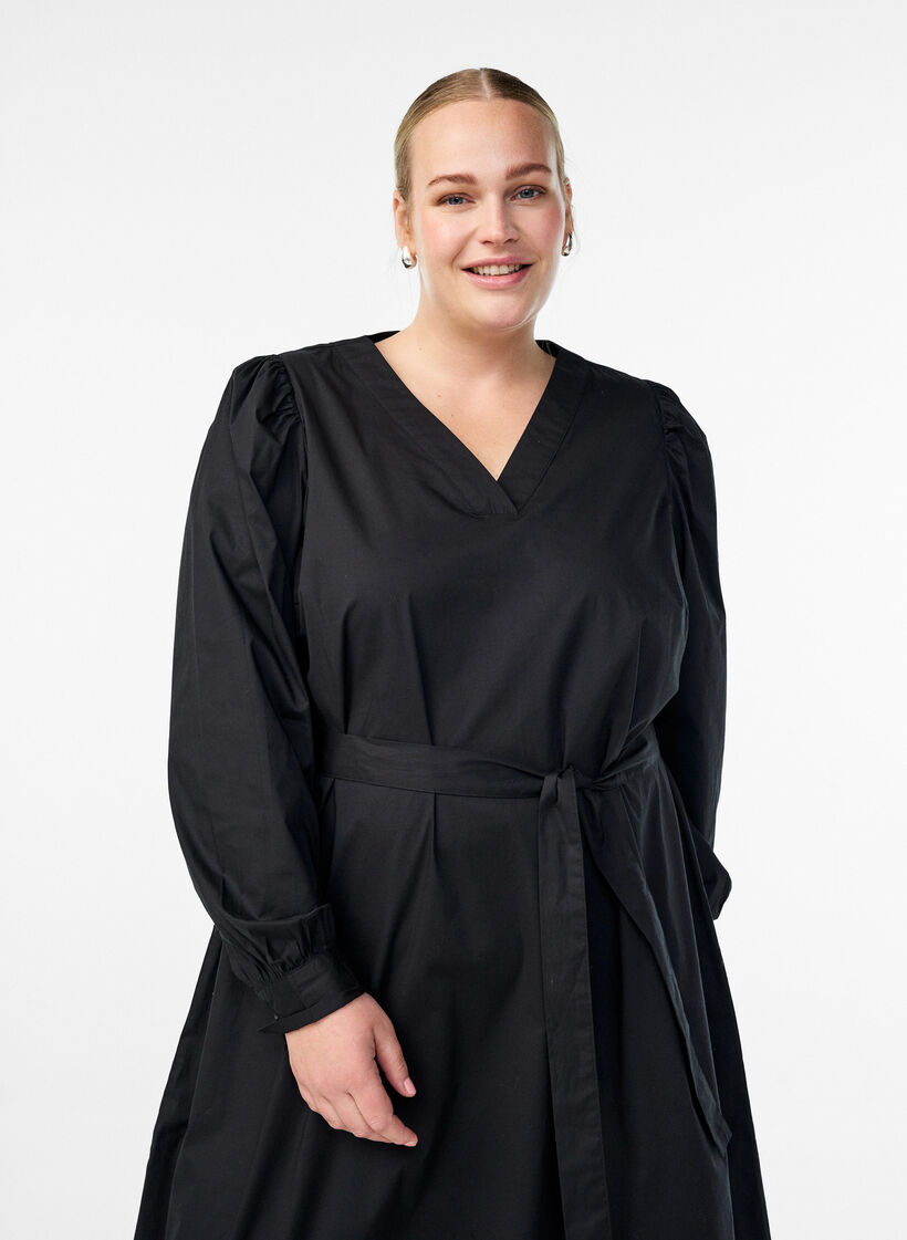 Jurk in biologisch katoen met strikceintuur, Zwart, Model image number 2