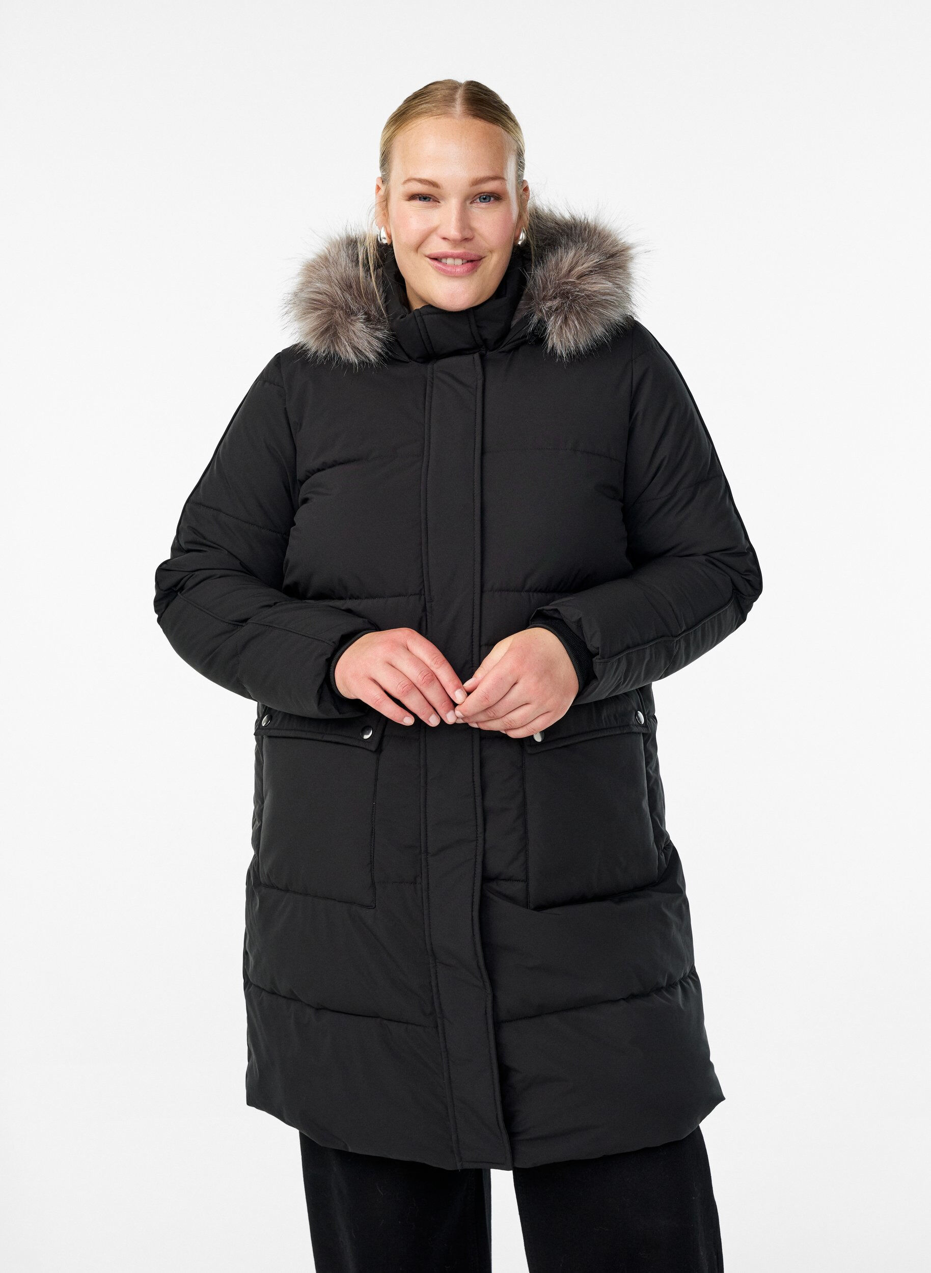 Waterafstotende parka met imitatiebontkraag, Zwart, Model