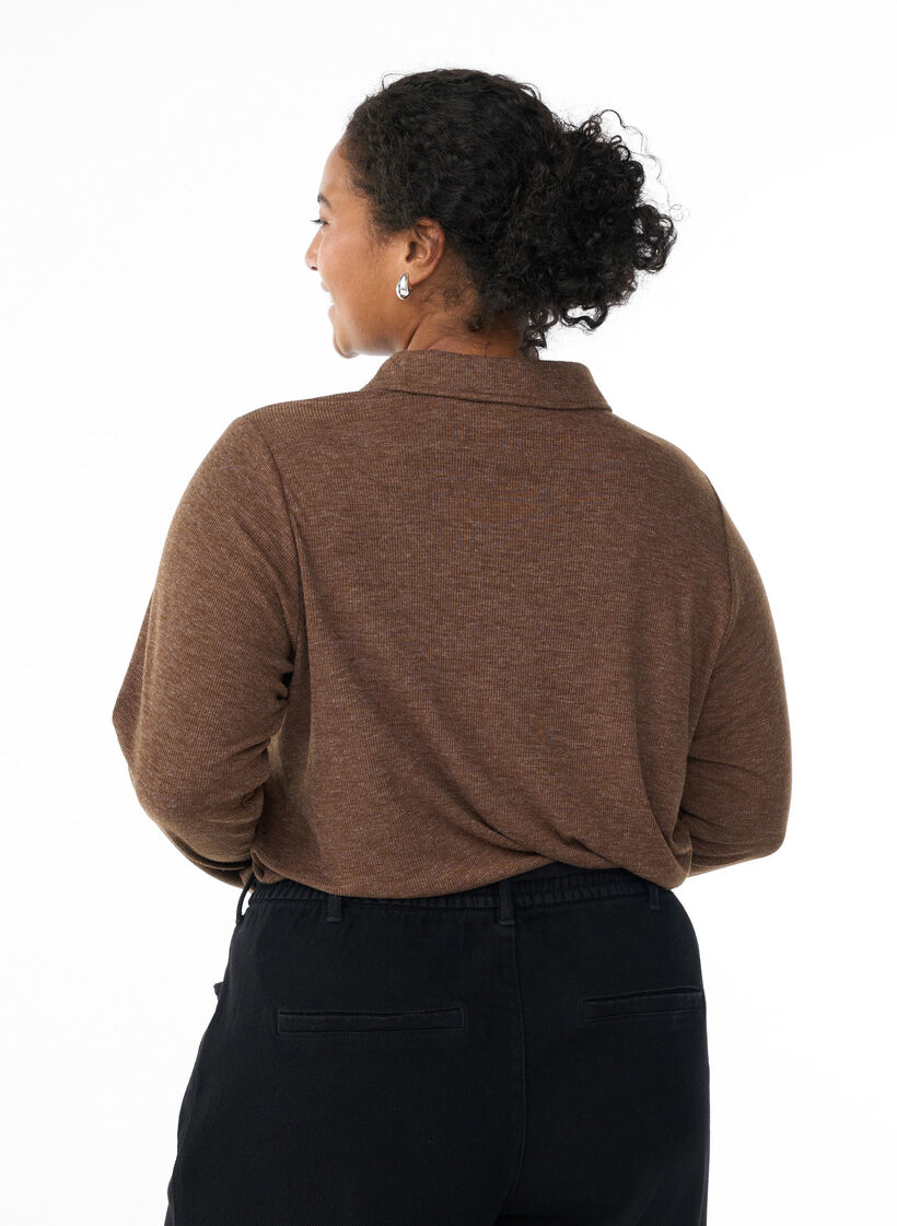 Lange mouwen polo in stretchende geribde kwaliteit, Bruin, Model image number 2