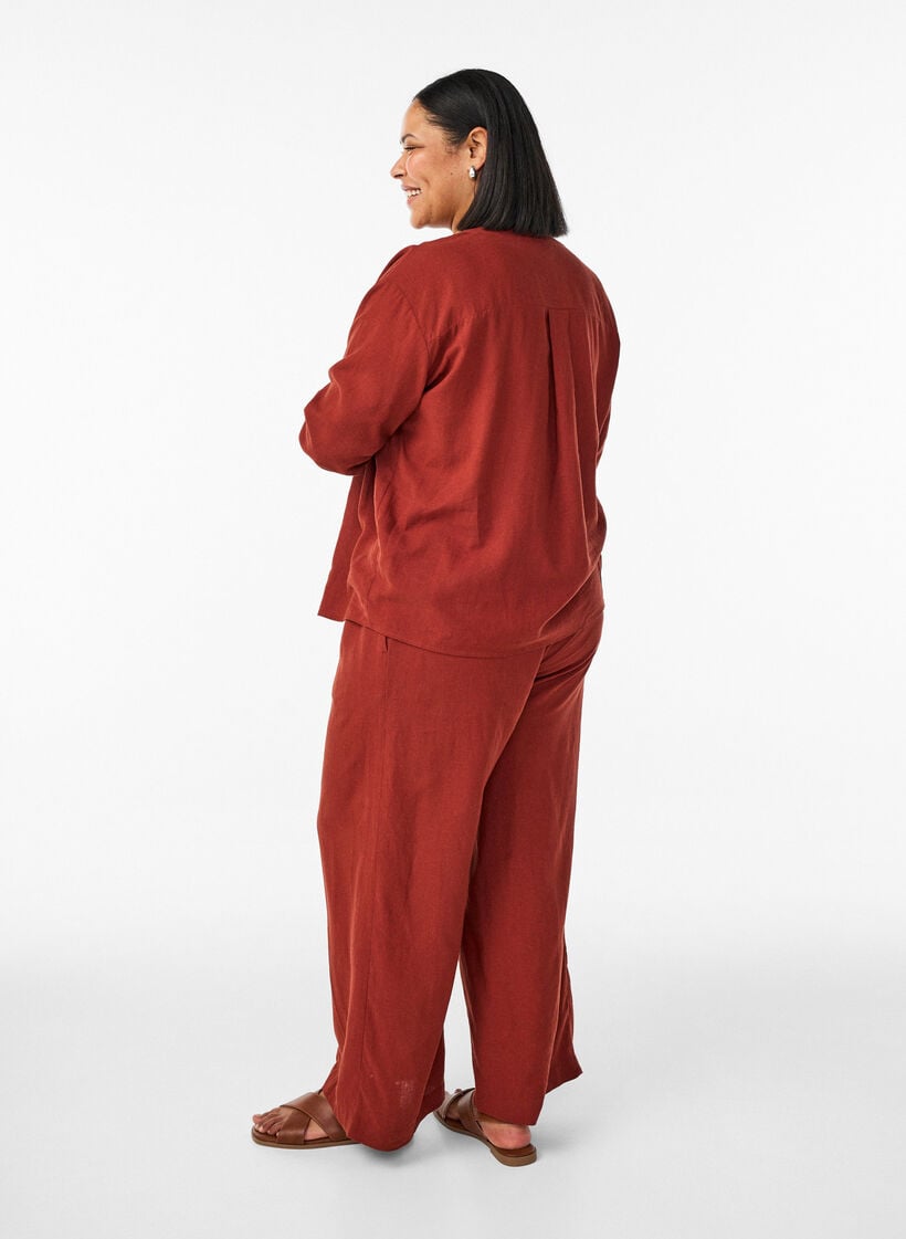 Wijde linnen en viscose broek, Rood, Model