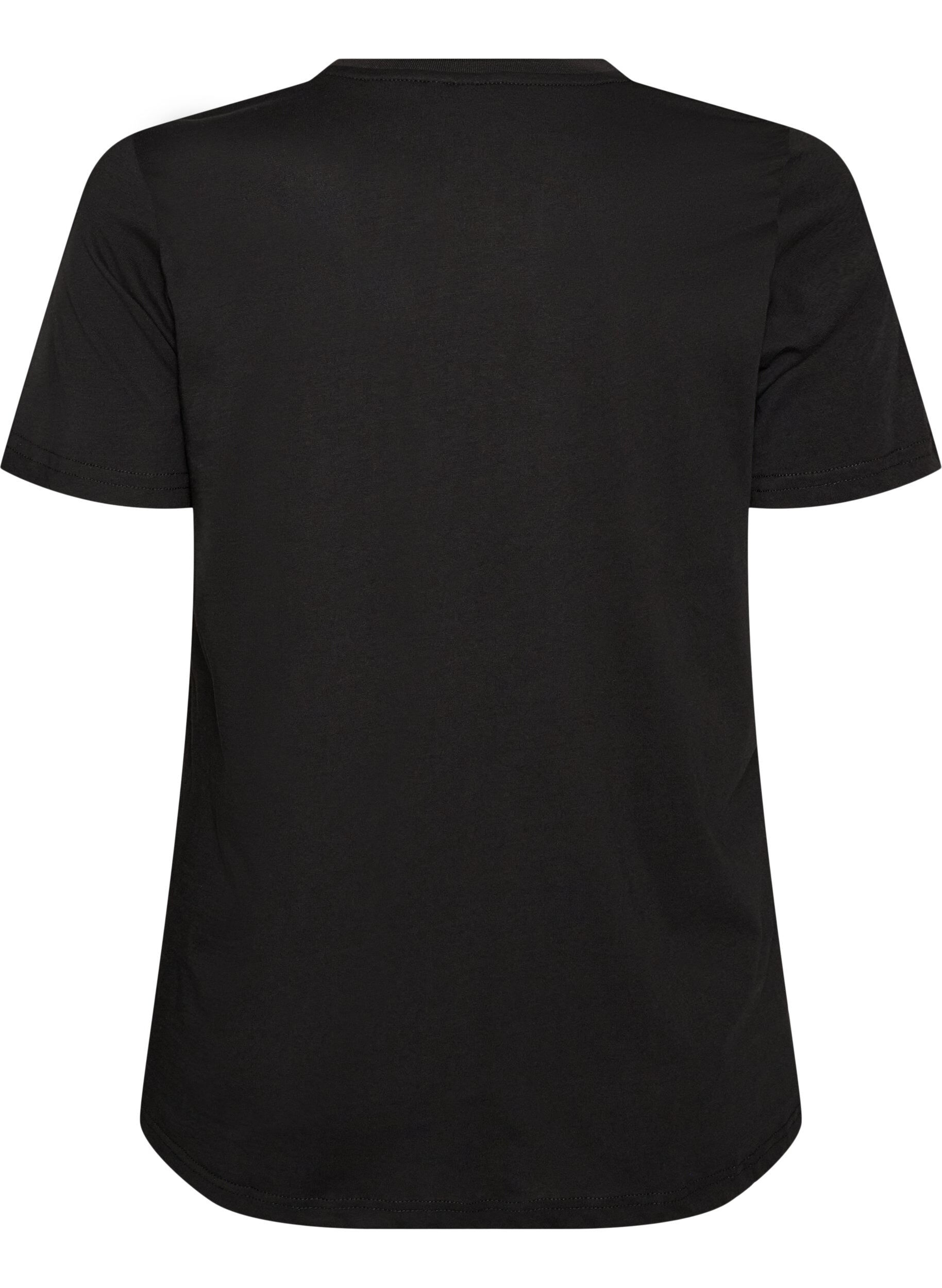 ZizziKatoenen T-shirt met tekstbadge, Zwart, Packshot image number 1