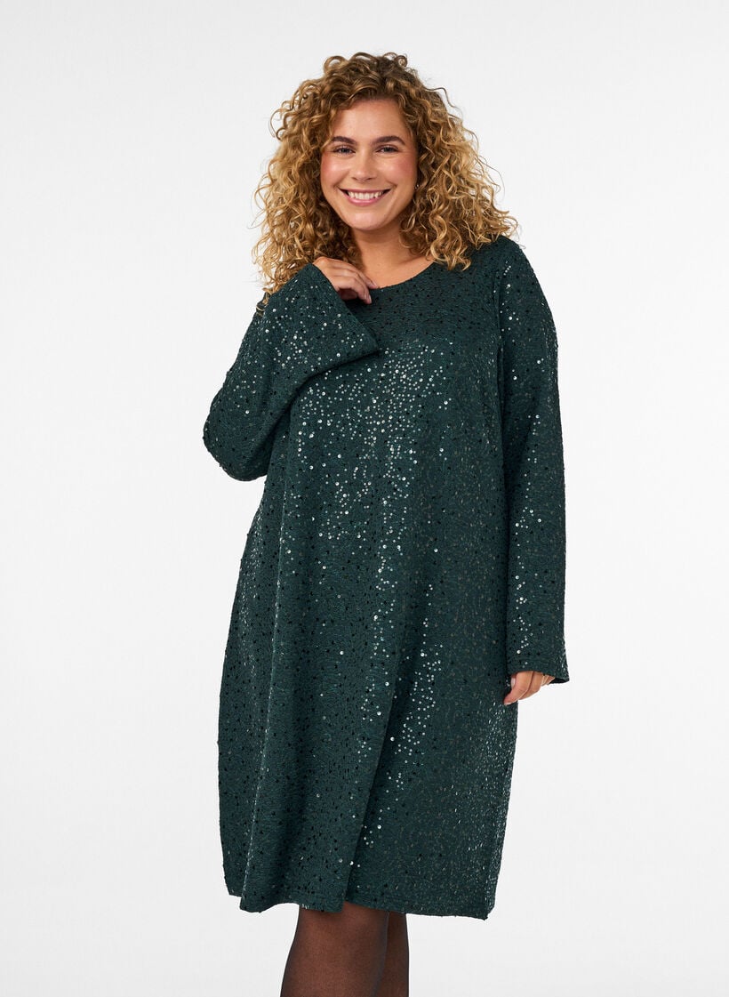 Korte jurk met pailletten in een A-lijn, Groen, Model image number 0