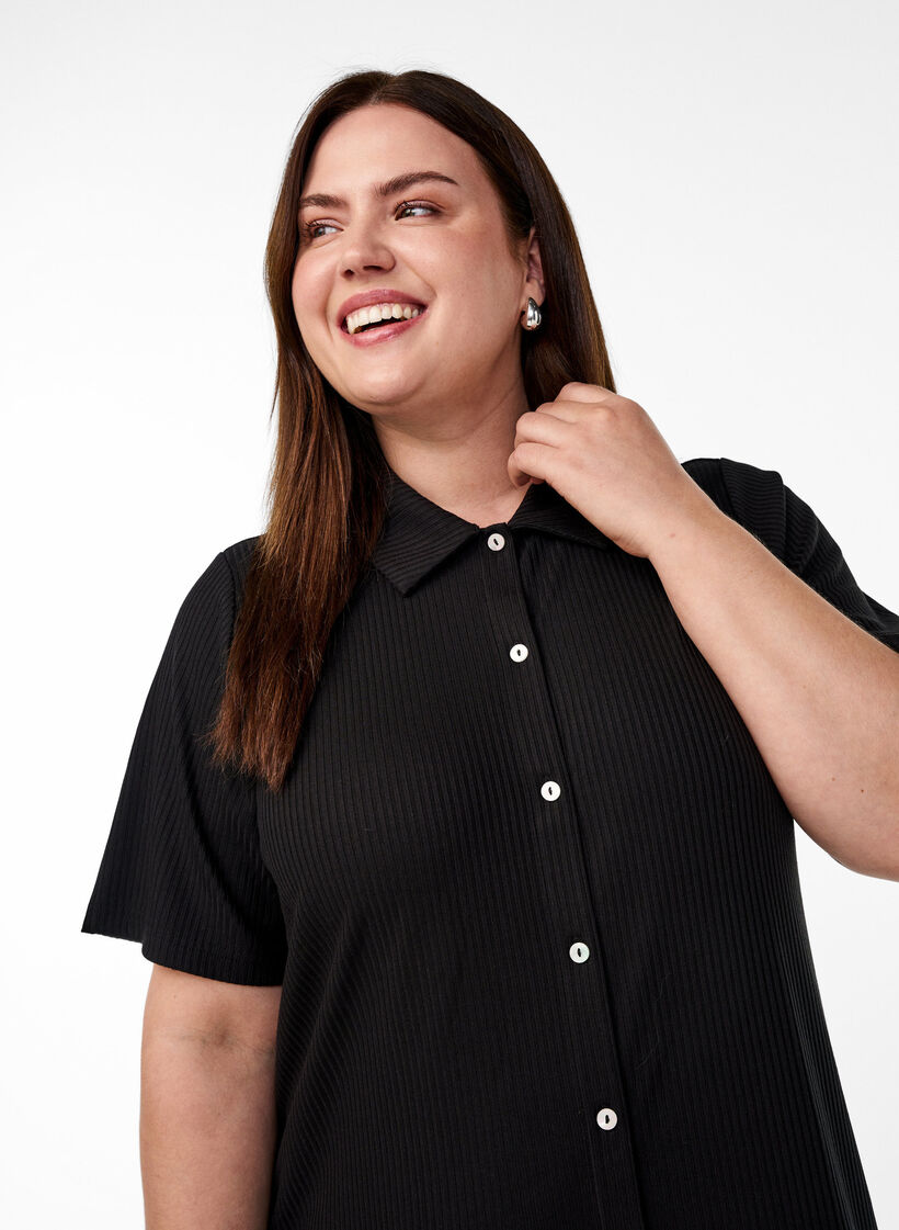 Jersey maxi jurk met kraag en korte mouwen, Zwart, Model image number 2