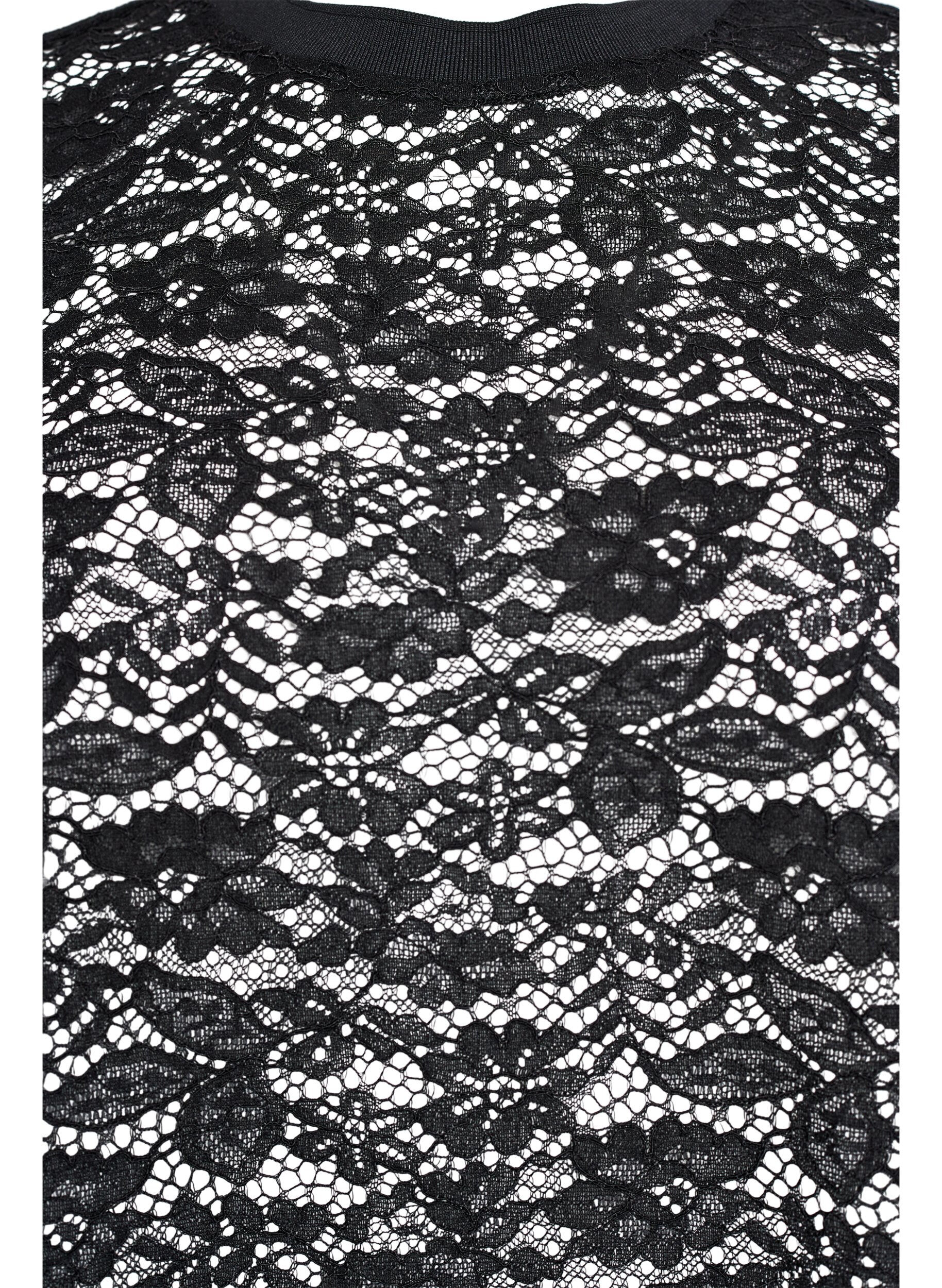 ZizziKanten blouse met korte mouwen en ronde hals, Zwart, Packshot image number 2