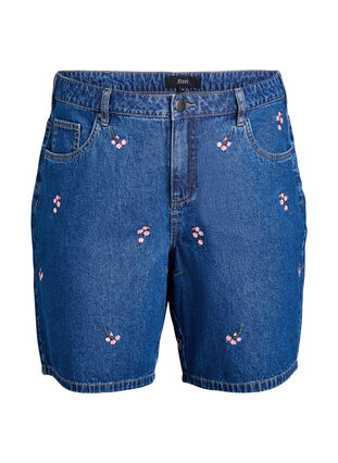 ZizziKorte spijkerbroek met geborduurde aardbeien, Blauw, Packshot image number 0