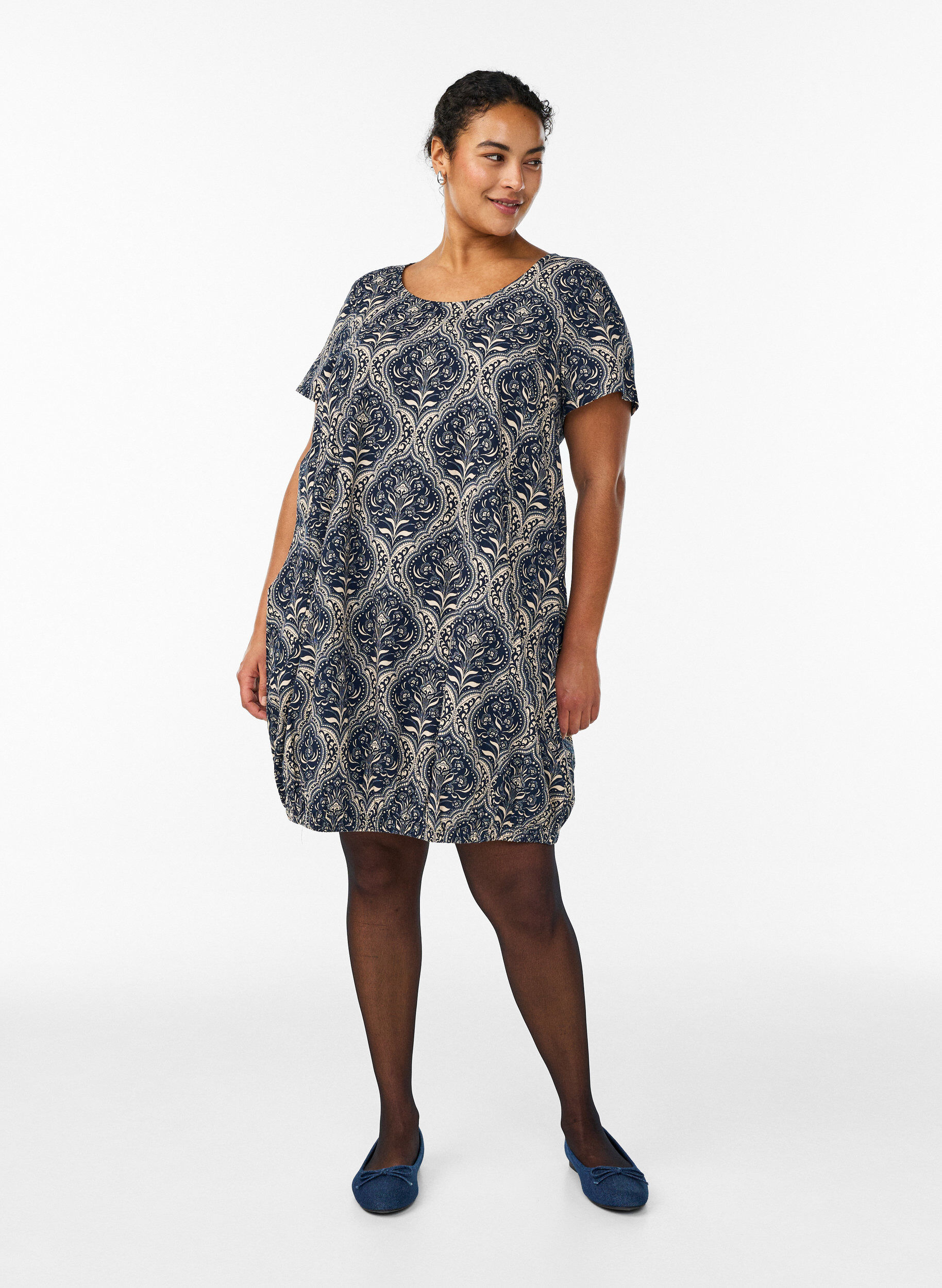ZizziKatoenen jurk met korte mouwen en print, Blauw, Model image number 1