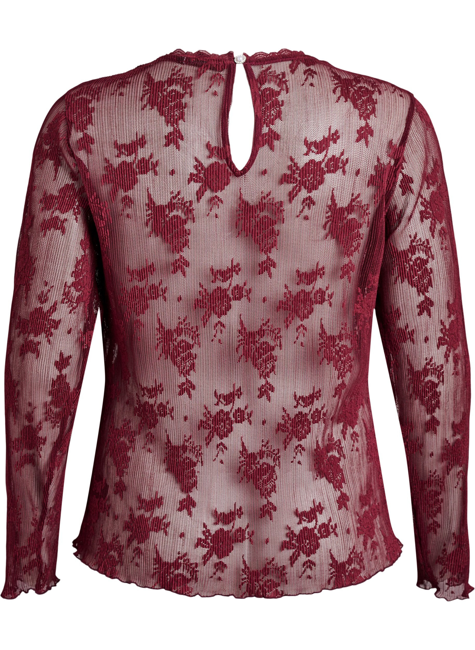 ZizziBlouse met lange mouwen van mesh met kantpatroon, Donker Bordeaux, Packshot image number 1