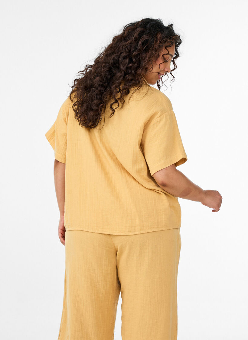 Katoenen mousseline blouse met korte mouwen, Geel, Model image number 2
