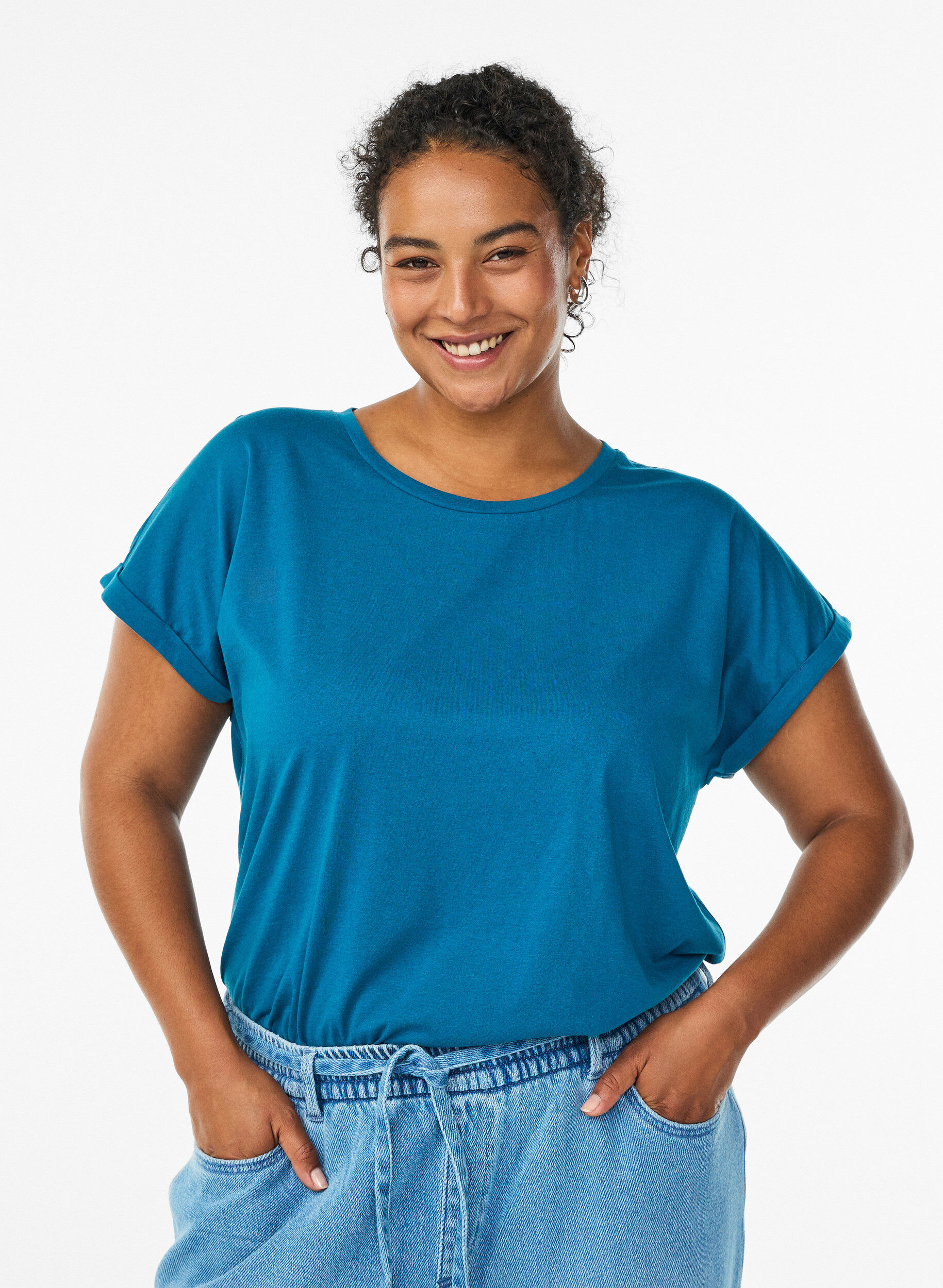 ZizziT-shirt met korte mouwen van katoenmix, Blauw, Model image number 0