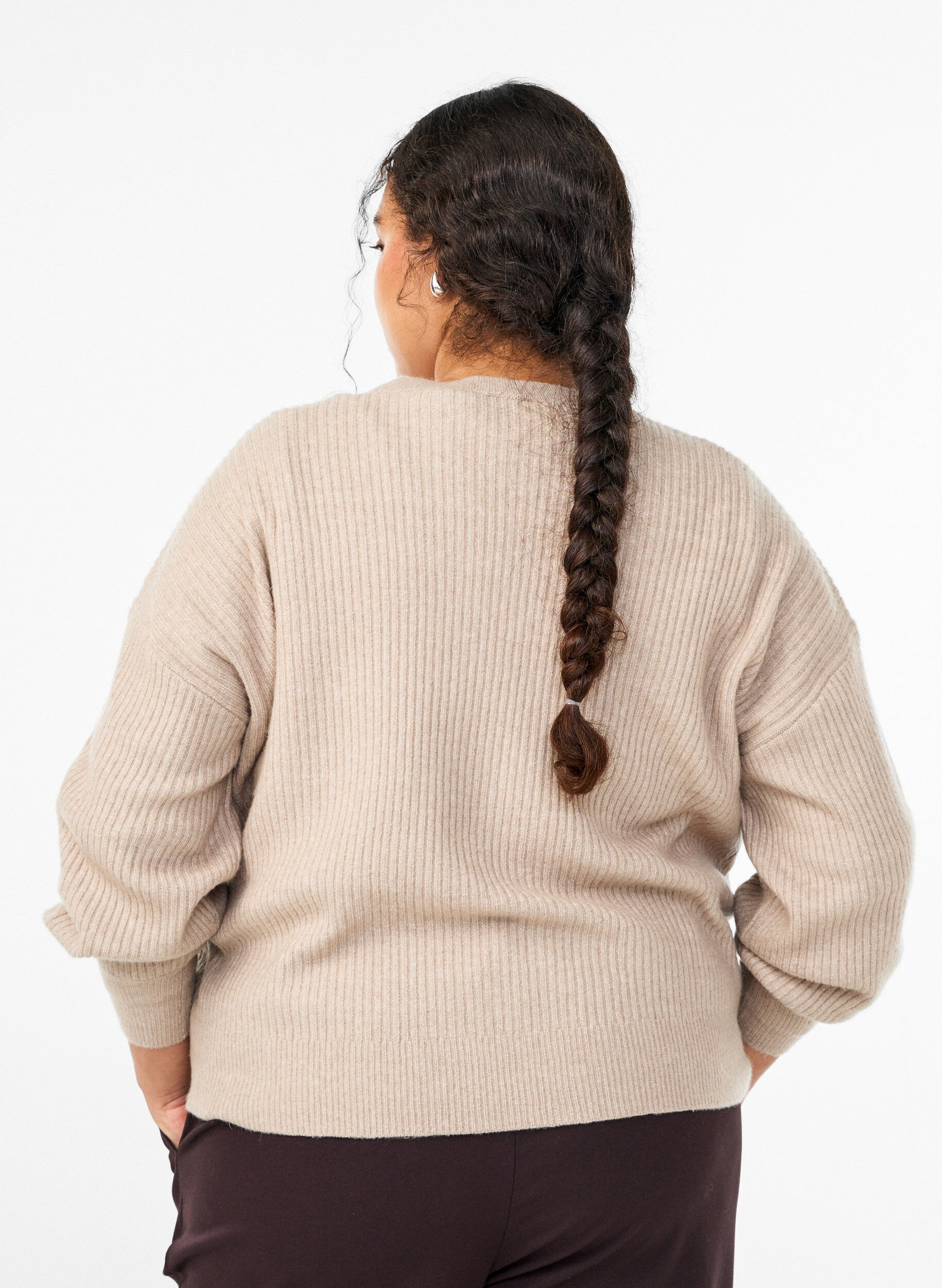 ZizziVest van ribtricot met knopen, Beige, Model image number 2