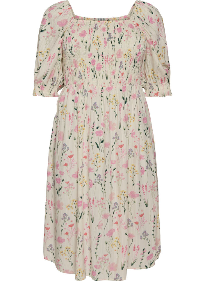 Gebloemde viscose zomerjurk, Vanille, Packshot image number 0