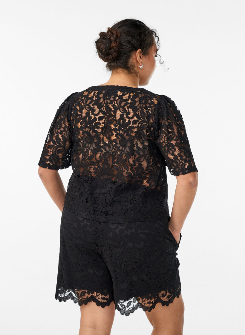 Kanten shorts met hoge taille en zakken, Zwart, Model image number 2