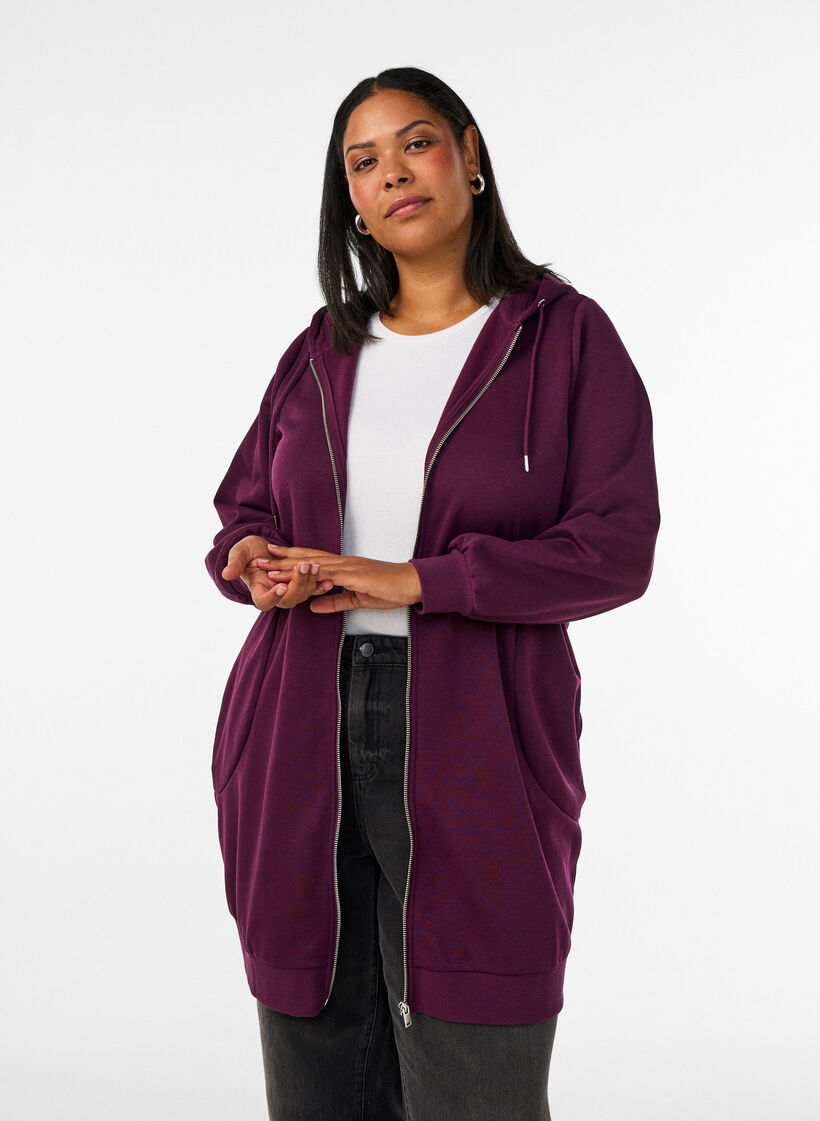 Lange hoodie met ritssluiting en zakken, Paars, Model image number 0