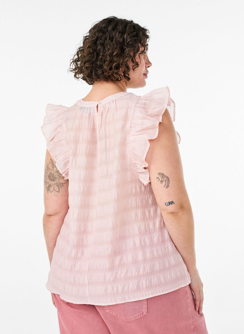 Blouse met textuur en ruches zonder mouwen, Roze, Model image number 2