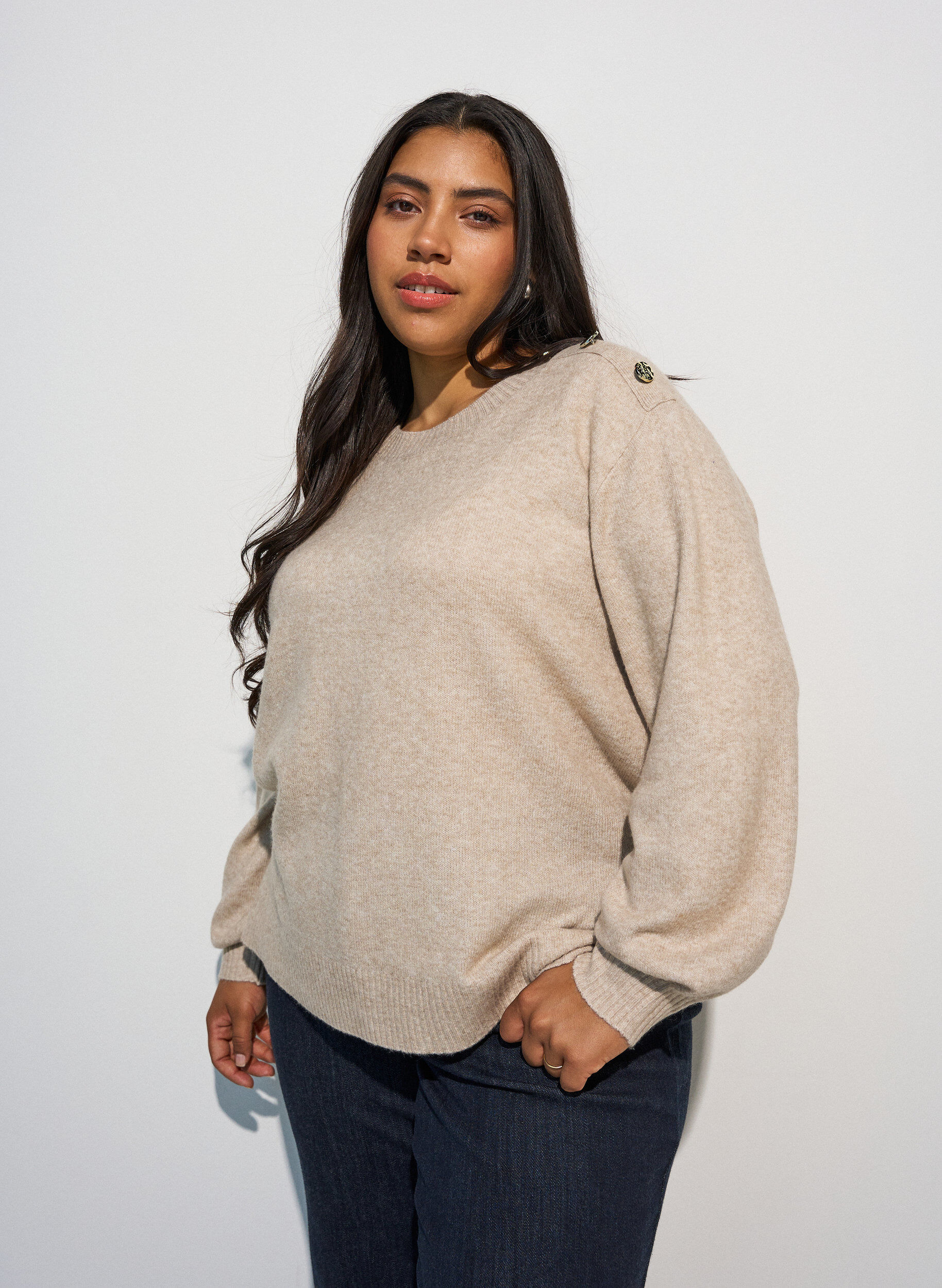 ZizziBreisel blouse met knoopdetail, Beige, Model image number 0