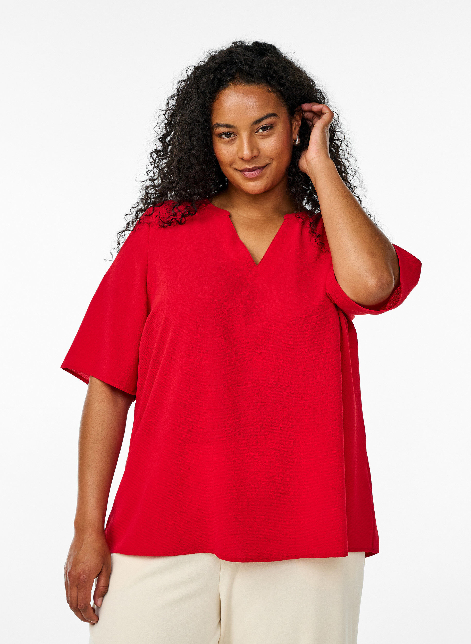 Blouse met korte mouwen en V-hals, Rood, Model