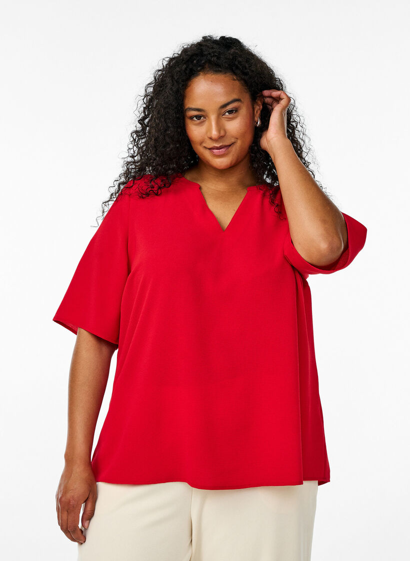 Blouse met korte mouwen en V-hals, Rood, Model image number 0