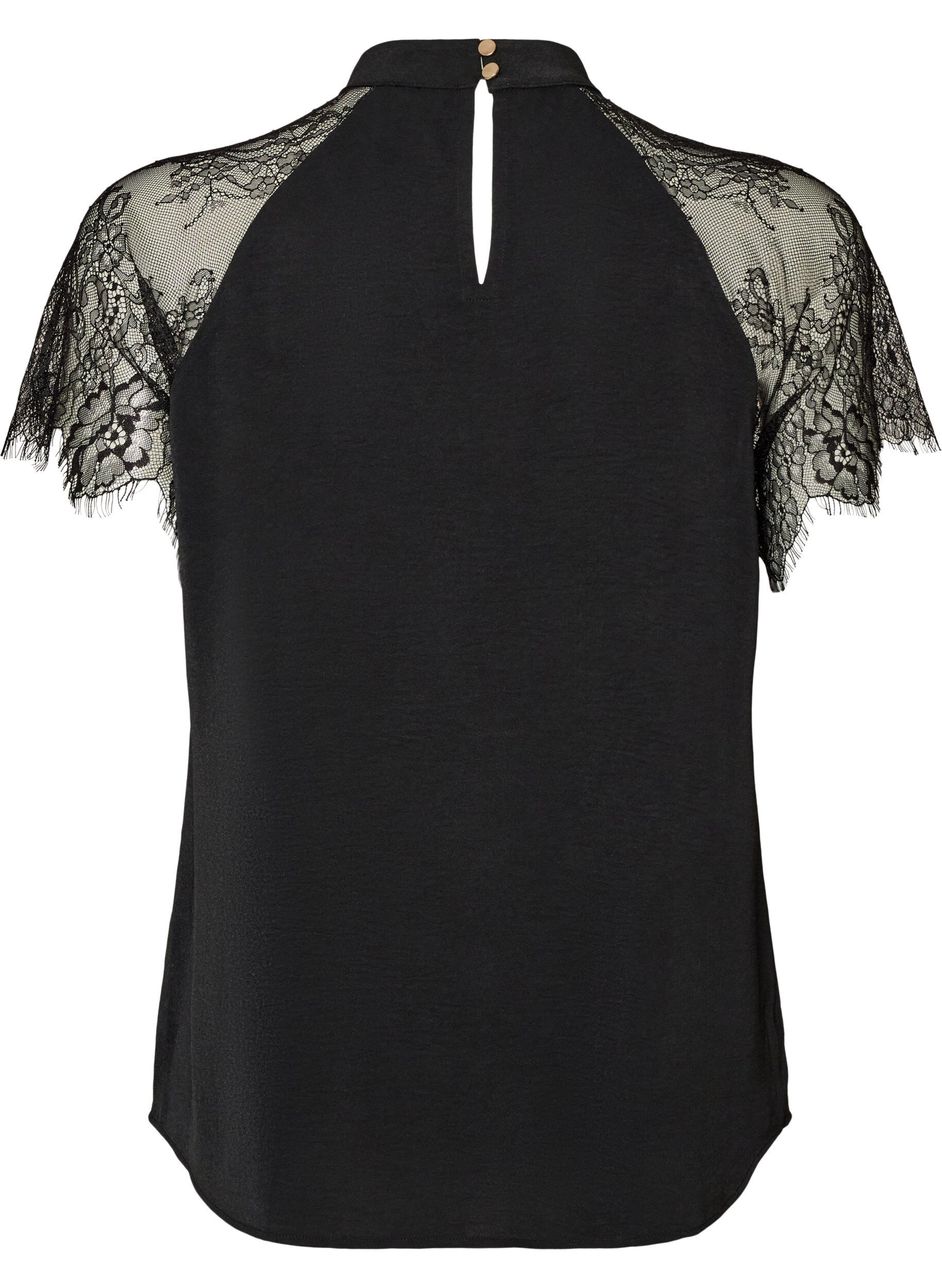 ZizziBlouse met korte kanten mouwen en hoge hals, Zwart, Packshot image number 1