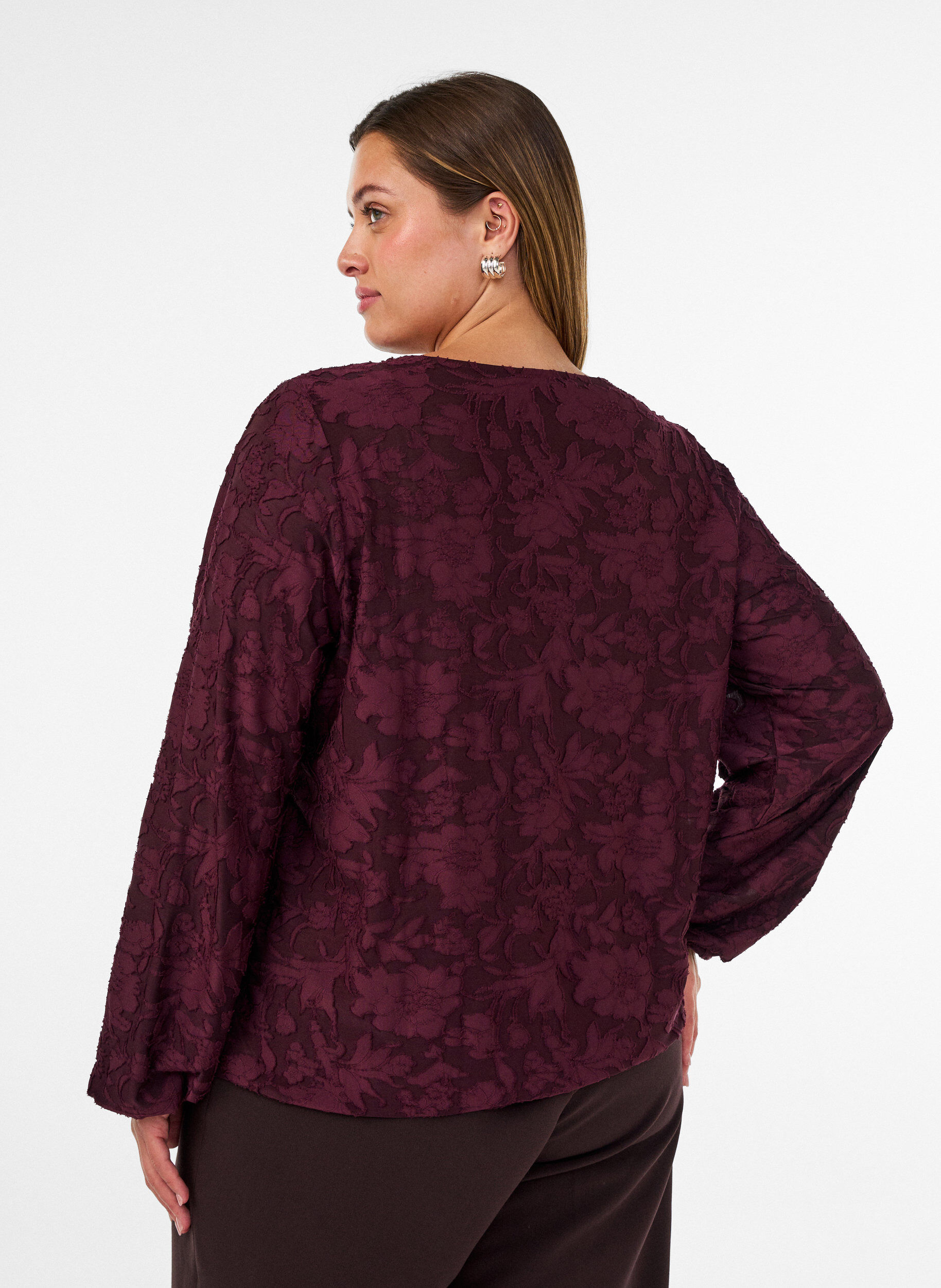 ZizziDoorschijnende blouse met bloemenstructuur en lange mouwen, Rood, Model image number 2