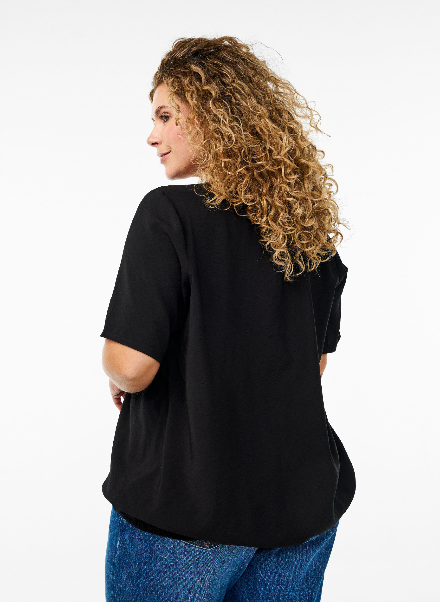 ZizziBlouse met korte mouwen en elastische zoom, Zwart, Model image number 2