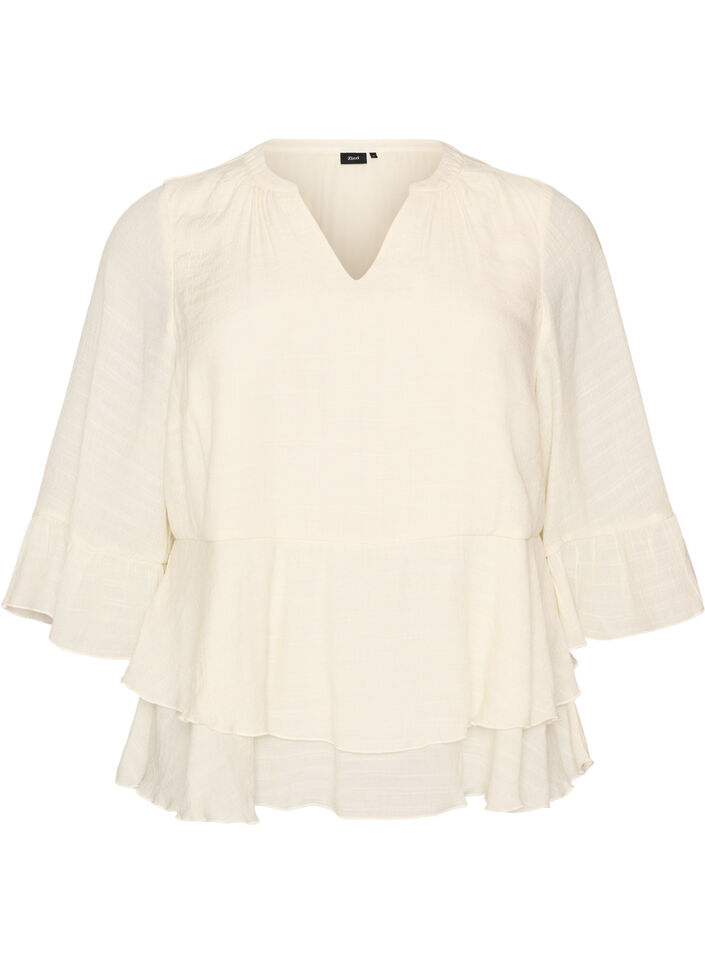 Blouse met 3/4-mouwen en ruchesdetails, Vanille, Packshot image number 0
